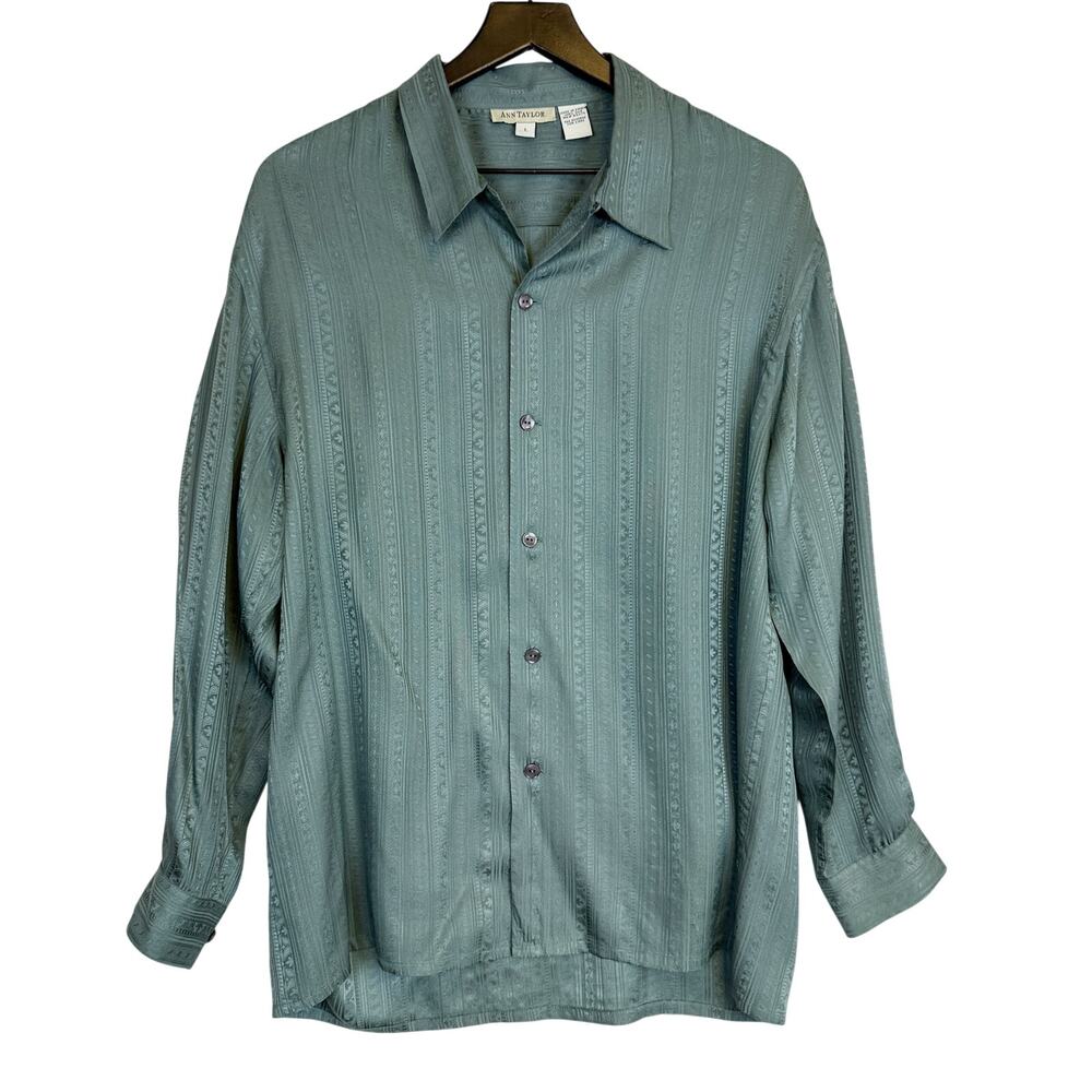 Vintage 90s Ann Taylor Men's 100% Silk Button Up Shirt Sage Green - L